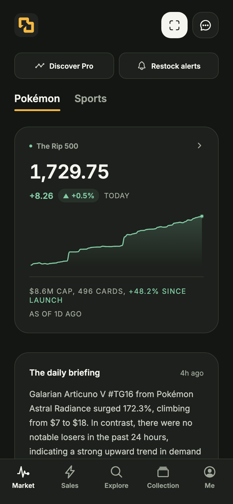 The Daily Rip market screen with the Rip 500 index chart and the daily briefing