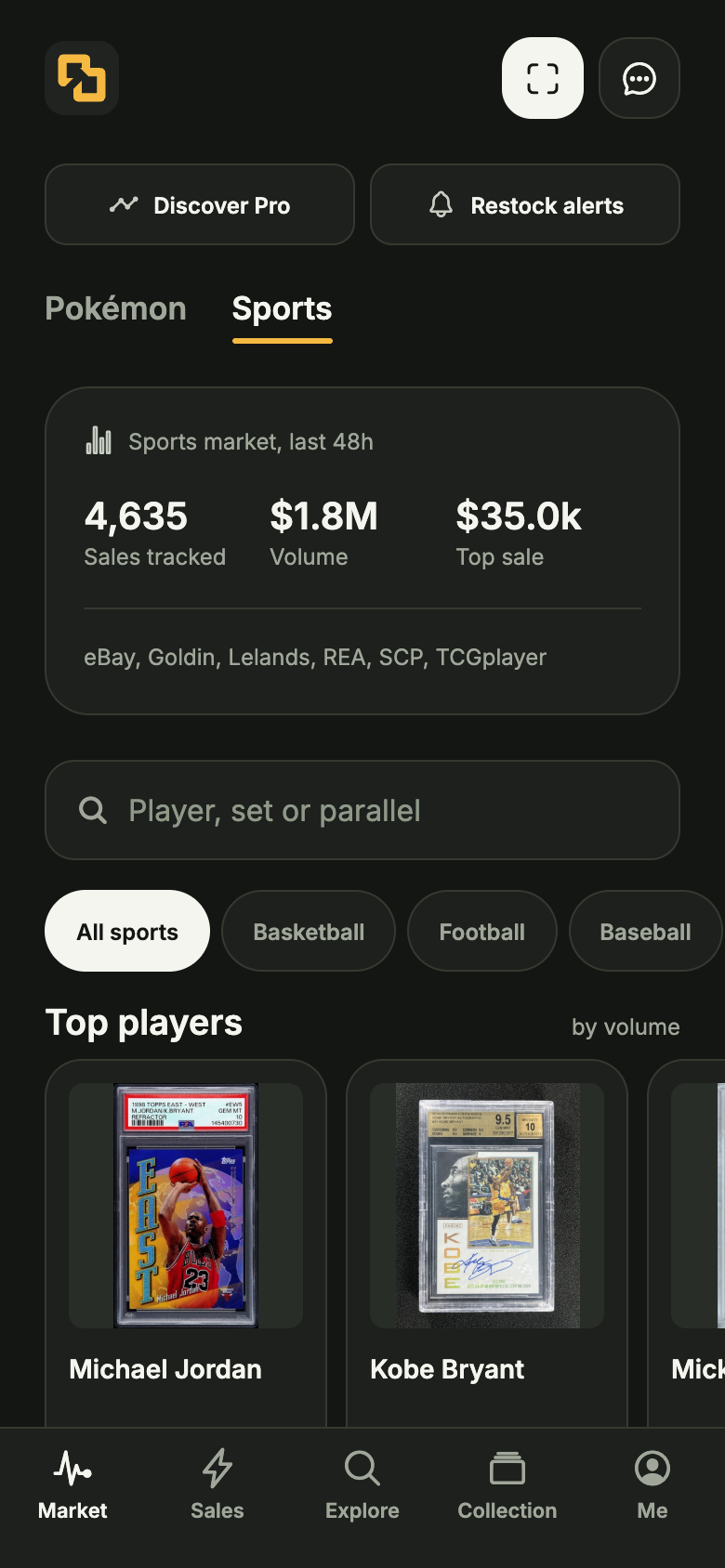 Sports market in the app, with sport filters and top players ranked by tracked sales volume